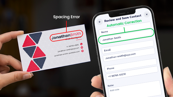 Business card with name spacing error automatically corrected on contact save screen