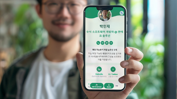 Person holding a phone showing a digital business card in Korean language interface