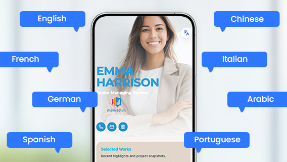 Digital business card displayed on a phone with language options including English, French, German, Spanish, Chinese, Italian, Arabic, and Portuguese