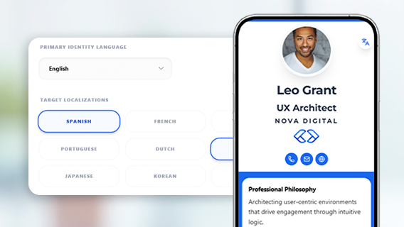 Dashboard language settings with primary language dropdown and target localization options beside a digital business card preview