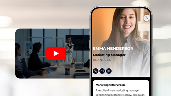 Digital business card with embedded YouTube video preview beside profile details