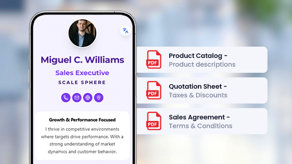 Digital business card displaying downloadable PDF files including product catalog, quotation sheet, and sales agreement