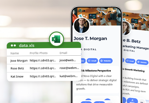 Digital Business Card PRO bulk generation screen with a progress bar and multiple digital business card previews being created.
