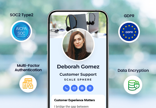 Security illustration featuring a shield with a lock icon and compliance badges for AICPA SOC and GDPR.