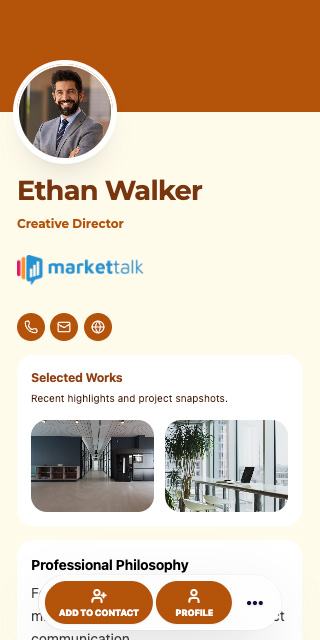 Creative director digital profile template with selected works and contact buttons.