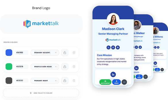 Brand customization dashboard with logo, color palette, and profile previews.