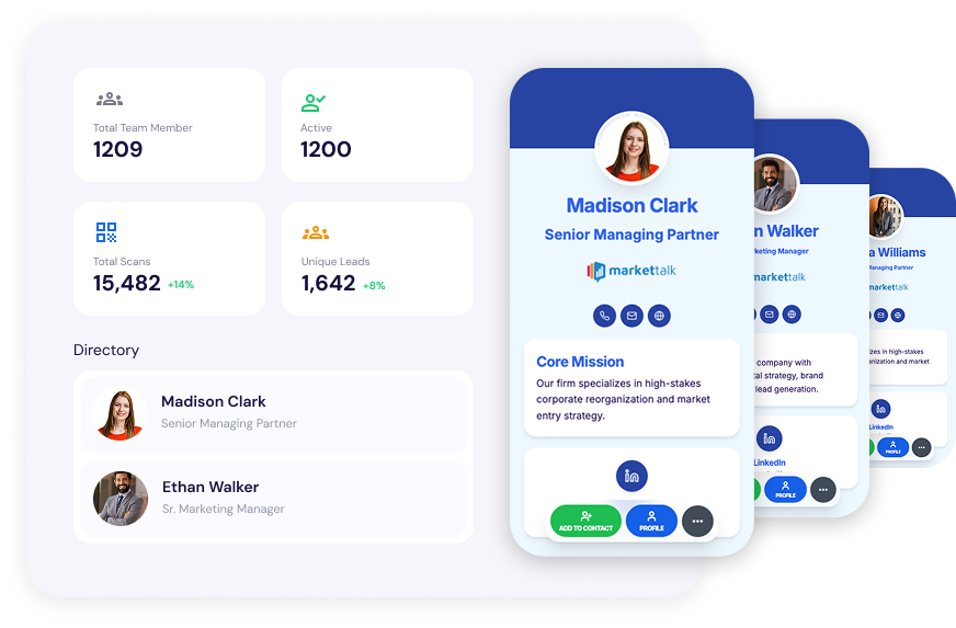 Dedicated account management graphic showing a sign-up flow connected to an account manager profile and multiple digital business cards.