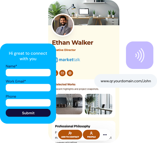 Digital business card with embedded lead capture form and QR sharing.