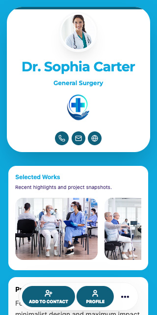 Medical professional digital profile template with healthcare branding and contact icons.